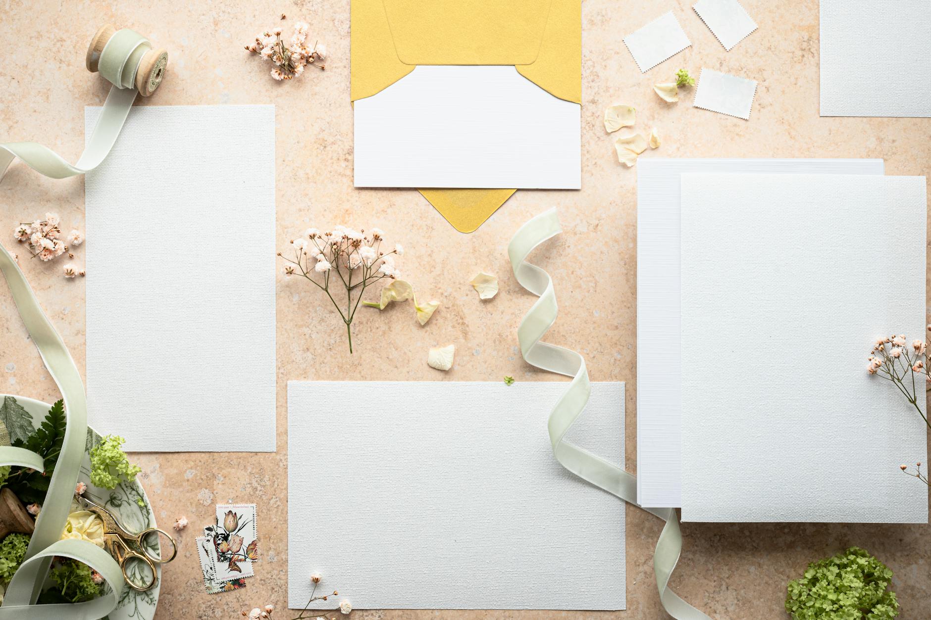 Zestaw zaproszeń ślubnych z kwiatami i wstążką ułożony na płasko